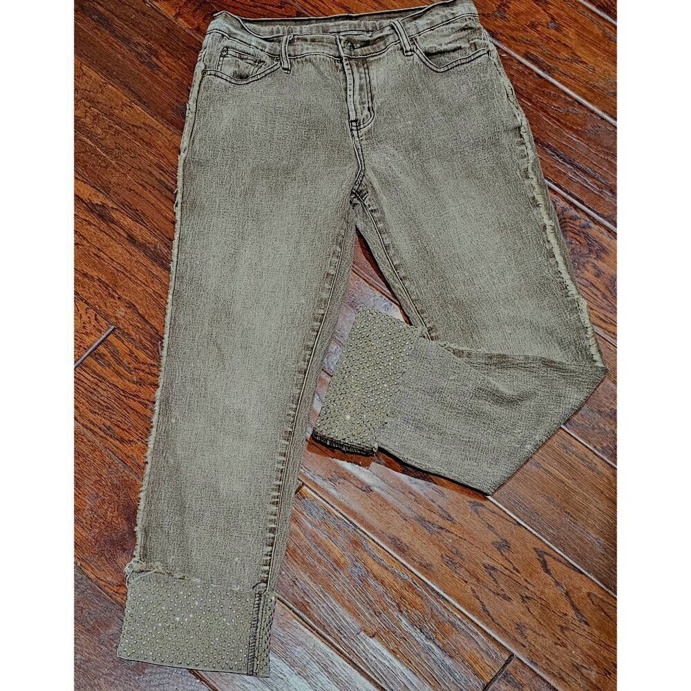 Diane Gilman DG2 Rhinestone-Embellished Distressed Brown Denim Jeans W Cuff